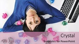  Presentation with solutions - Amazing PPT theme having young beautiful brunette student woman working on laptop computer and finding solutions backdrop and a coral colored foreground