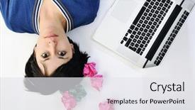  Presentation with solutions - Cool new presentation theme with young beautiful brunette student woman working on laptop computer and finding solutions backdrop and a white colored foreground