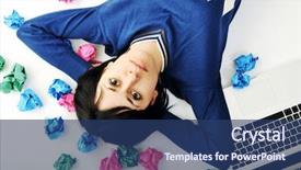  Presentation with solutions - PPT theme enhanced with young beautiful brunette student woman working on laptop computer and finding solutions background and a ocean colored foreground