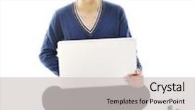  Presentation with solutions - Theme consisting of young beautiful brunette student woman working on laptop computer and finding solutions background and a light gray colored foreground