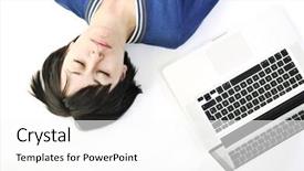  Presentation with solutions - Audience pleasing slides consisting of young beautiful brunette student woman working on laptop computer and finding solutions backdrop and a white colored foreground