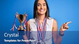  Presentation with trophy - Presentation having young-beautiful-brunette-successful-woman background and a ocean colored foreground