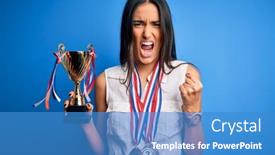  Presentation with trophy - Presentation design having young-beautiful-brunette-successful-woman background and a teal colored foreground