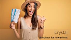  Presentation with tourist - Cool new PPT theme with young-beautiful-brunette-tourist-woman backdrop and a coral colored foreground