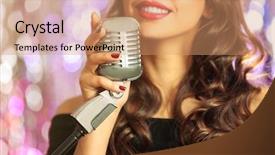  Presentation with glitter - Colorful PPT theme enhanced with young beautiful brunette with retro microphone against bright glitter background close up backdrop and a coral colored foreground