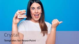  Presentation with denture - Beautiful slide set featuring young-beautiful-brunette-woman-asking backdrop and a coral colored foreground