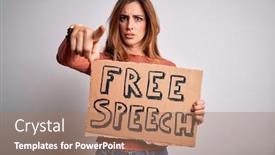  Presentation with free speech - Presentation theme with young-beautiful-brunette-woman-asking background and a coral colored foreground