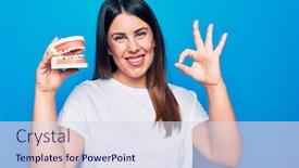  Presentation with denture - PPT theme consisting of young-beautiful-brunette-woman-asking background and a sky blue colored foreground