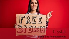  Presentation with free speech - Presentation theme enhanced with young-beautiful-brunette-woman-asking background and a crimson colored foreground