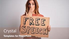  Presentation with free speech - Amazing PPT theme having young-beautiful-brunette-woman-asking backdrop and a coral colored foreground