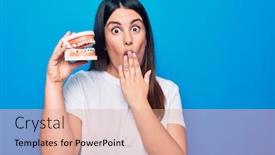  Presentation with denture - Slide set consisting of young-beautiful-brunette-woman-asking background and a coral colored foreground