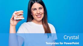  Presentation with denture - Slide set enhanced with young-beautiful-brunette-woman-asking background and a teal colored foreground