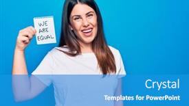  Presentation with equality - Colorful slide set enhanced with young-beautiful-brunette-woman-asking backdrop and a teal colored foreground