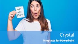  Presentation with equality - Cool new PPT theme with young-beautiful-brunette-woman-asking backdrop and a teal colored foreground