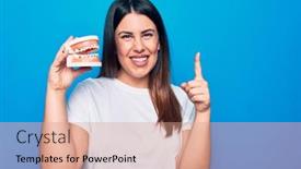  Presentation with denture - PPT layouts having young-beautiful-brunette-woman-asking background and a coral colored foreground