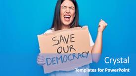  Presentation with democracy - PPT theme having young-beautiful-brunette-woman-asking background and a teal colored foreground