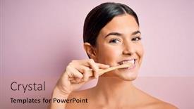  Presentation with tooth paste - Cool new presentation with young-beautiful-brunette-woman-brushing backdrop and a coral colored foreground