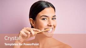  Presentation with tooth paste - Amazing PPT theme having young-beautiful-brunette-woman-brushing backdrop and a coral colored foreground