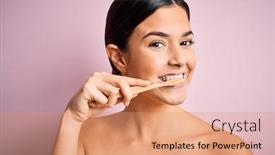  Presentation with tooth paste - Cool new presentation with young-beautiful-brunette-woman-brushing backdrop and a coral colored foreground