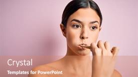 Presentation with tooth paste - Slide deck featuring young-beautiful-brunette-woman-brushing background and a coral colored foreground