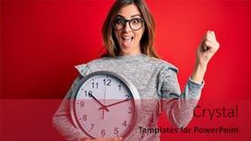  Presentation with clock countdown - PPT theme featuring young-beautiful-brunette-woman-doing background and a crimson colored foreground