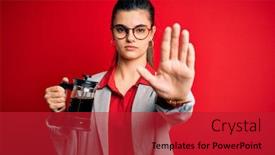  Presentation with coffe - Presentation design consisting of young-beautiful-brunette-woman-doing background and a crimson colored foreground