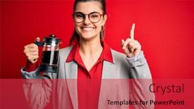  Presentation with coffe - Presentation theme consisting of young-beautiful-brunette-woman-doing background and a red colored foreground
