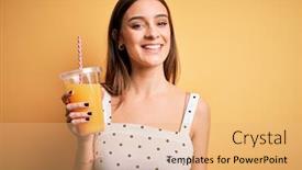  Presentation with healthy juice - Amazing theme having young-beautiful-brunette-woman-drinking backdrop and a coral colored foreground
