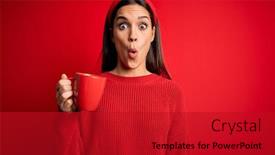  Presentation with coffe - Slide set consisting of young-beautiful-brunette-woman-drinking background and a crimson colored foreground