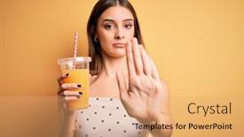  Presentation with healthy juice - Presentation theme featuring young-beautiful-brunette-woman-drinking background and a coral colored foreground
