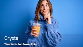  Presentation with healthy juice - PPT theme featuring young-beautiful-brunette-woman-drinking background and a ocean colored foreground