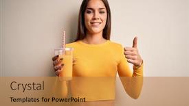  Presentation with healthy juice - Beautiful slide set featuring young-beautiful-brunette-woman-drinking backdrop and a gold colored foreground