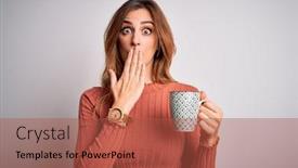  Presentation with coffe - PPT theme consisting of young-beautiful-brunette-woman-drinking background and a red colored foreground