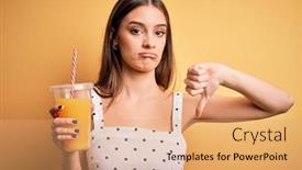  Presentation with healthy juice - Audience pleasing PPT theme consisting of young-beautiful-brunette-woman-drinking backdrop and a coral colored foreground