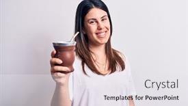  Presentation with infusion - Beautiful PPT theme featuring young-beautiful-brunette-woman-drinking backdrop and a white colored foreground