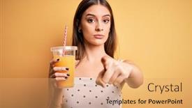  Presentation with healthy juice - Presentation design with young-beautiful-brunette-woman-drinking background and a coral colored foreground