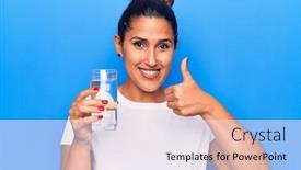  Presentation with drinking glass - Cool new presentation design with young-beautiful-brunette-woman-drinking backdrop and a sky blue colored foreground