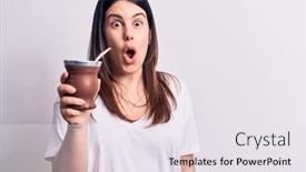  Presentation with infusion - Beautiful presentation design featuring young-beautiful-brunette-woman-drinking backdrop and a white colored foreground