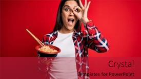  Presentation with chopsticks - Slide set featuring young-beautiful-brunette-woman-eating background and a crimson colored foreground