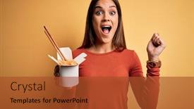  Presentation with chopsticks - PPT theme having young-beautiful-brunette-woman-eating background and a red colored foreground