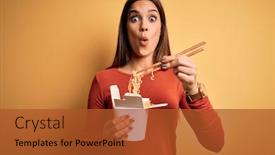  Presentation with eating - Beautiful slide deck featuring young-beautiful-brunette-woman-eating backdrop and a red colored foreground