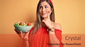  Presentation with healthy eating - Presentation theme enhanced with young-beautiful-brunette-woman-eating background and a red colored foreground