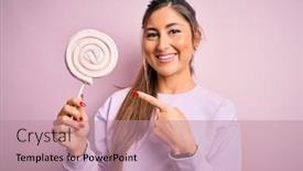  Presentation with sweet candy - Presentation design with young-beautiful-brunette-woman-eating background and a coral colored foreground