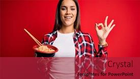  Presentation with chopsticks - Colorful presentation design enhanced with young-beautiful-brunette-woman-eating backdrop and a red colored foreground