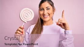  Presentation with sweet candy - Colorful presentation theme enhanced with young-beautiful-brunette-woman-eating backdrop and a soft green colored foreground