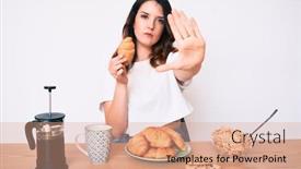  Presentation with croissant - Audience pleasing PPT theme consisting of young-beautiful-brunette-woman-eating backdrop and a coral colored foreground