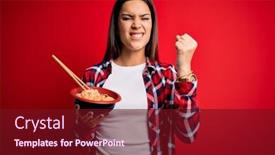  Presentation with chopsticks - PPT theme having young-beautiful-brunette-woman-eating background and a tawny brown colored foreground