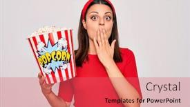  Presentation with snack - Colorful PPT theme enhanced with young-beautiful-brunette-woman-eating backdrop and a coral colored foreground