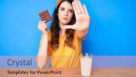  Presentation with chocolate milk - Presentation theme having young-beautiful-brunette-woman-eating background and a coral colored foreground