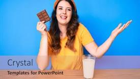  Presentation with chocolate milk - Colorful PPT layouts enhanced with young-beautiful-brunette-woman-eating backdrop and a coral colored foreground